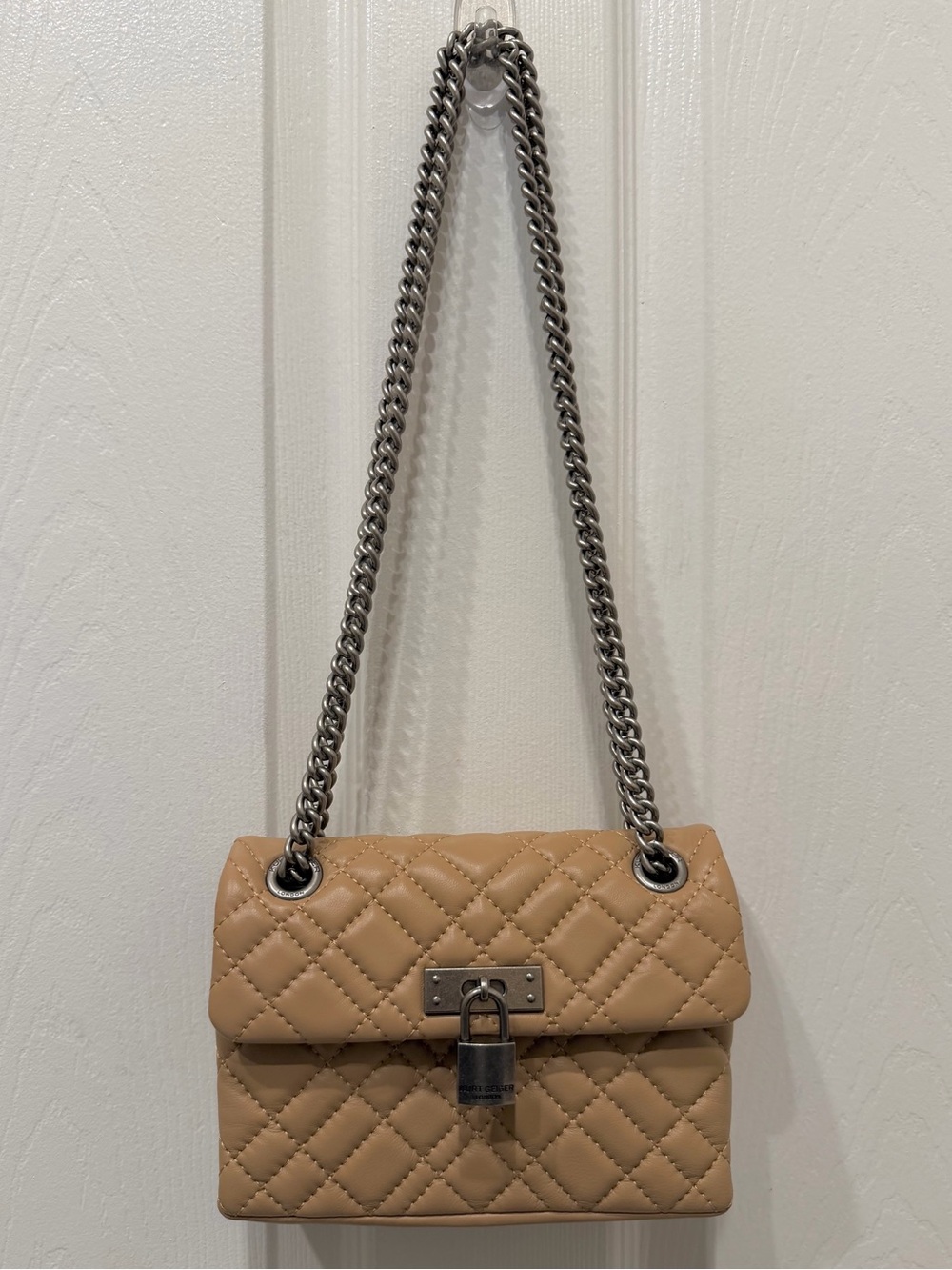Kurt Geiger London Quilted Leather Shoulder Bag Tan Padlock Chain Crossbody